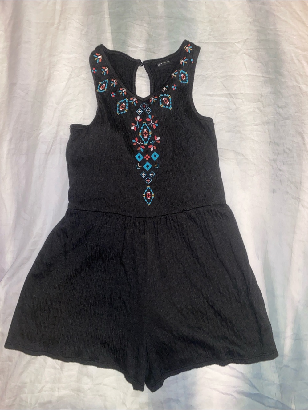 Art Class Girls Black Knit Romper with Embroidered Neckline Size 7/8 Used